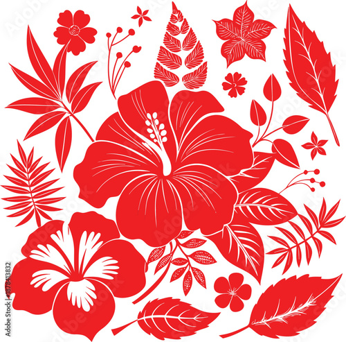 Vibrant red tropical floral design featuring hibiscus flowers and various exotic leaves on a white background