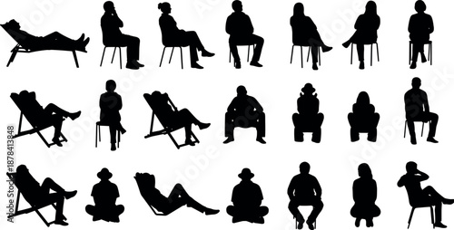 People sitting and relaxing silhouettes mega set showing chairs lounge poses casual rest lifestyle interior vector illustration collection