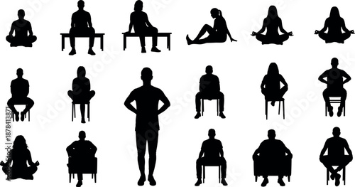 People sitting and standing silhouettes set showing meditation chair poses, front and back views, minimal human vector illustration