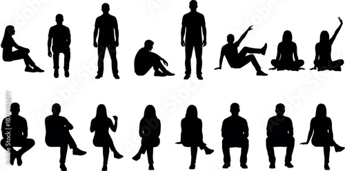 People silhouette sitting and standing poses, men women casual body positions, human figure collection, black shapes, isolated, white background, flavector