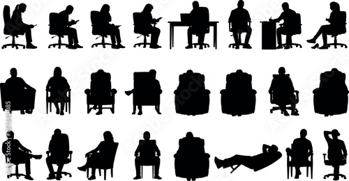 People Sitting Silhouette Collection Showing Office Work Relaxing Waiting Reading Chairs Lifestyle Vector Illustration Set