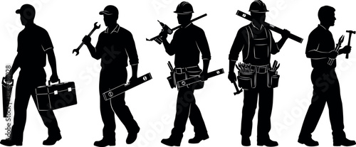 Professional construction workers silhouettes set with tools equipment helmets showing builders carpenters technicians industrial labor vector illustration collection
