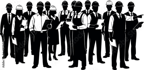 Professional construction team silhouettes set showing engineers architects supervisors holding documents wearing safety helmets industrial project management vector illustration
