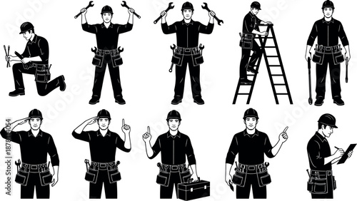 Professional Handyman Worker Illustration Collection Showing Repair Maintenance Tools Technician Service Uniform Action Vector Set