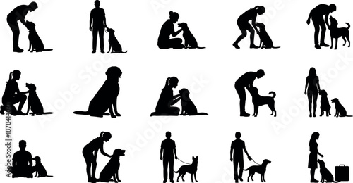 People With Dogs Silhouette Collection Showing Human Pet Interaction Care Training Walking Love Friendship Vector Illustration Set