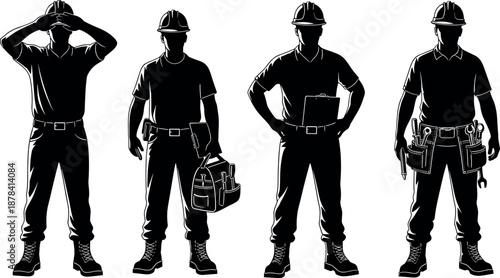 Professional construction worker silhouettes set with safety helmets tools equipment standing poses industrial labor job vector illustration collection