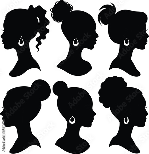 Elegant silhouettes of diverse women showcasing various hairstyles and profiles