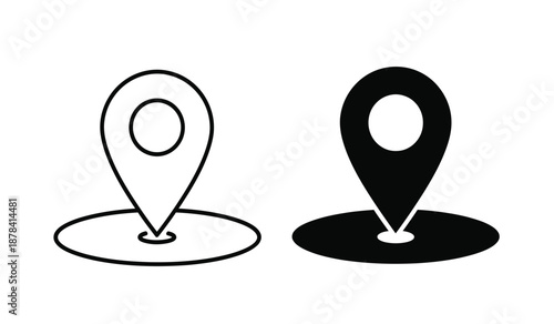 Black and white map pin icons on various backgrounds for navigation and location purposes