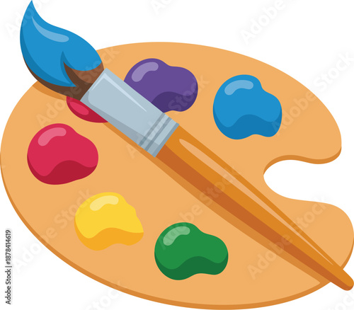 Paintbrush on Artist Palette with Colorful Paints, Vector Illustration