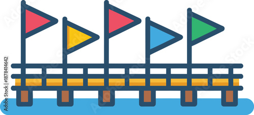 Pier with Colorful Flags on Water Vector Illustration