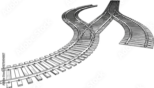 Hand drawn railway tracks illustration, curved train railroad tracks with switch, industrial transportation path vector, isolated perspective sketch on white background.