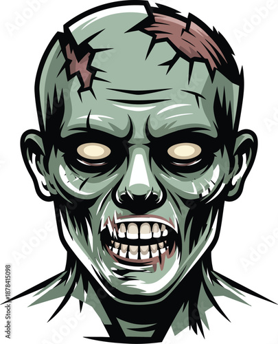 Vector Zombie Head Icon with Cracked Skin and Grinning Mouth for Horror Themes