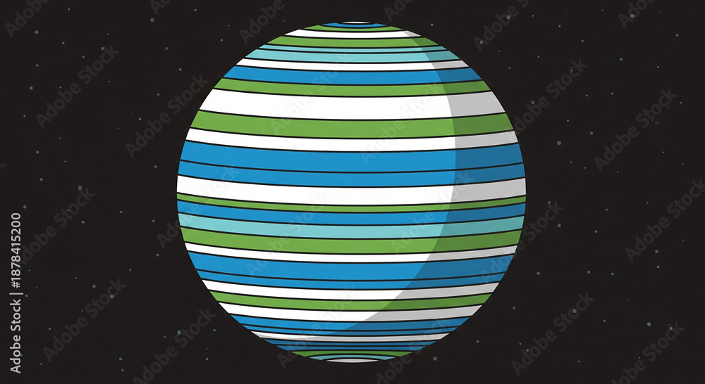 Naklejka premium Vibrant striped planet in space with blue, green, and white hues