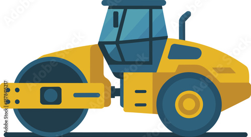 Yellow Steamroller Compacting Road Surface, Heavy Machinery, Construction Equipment Vector