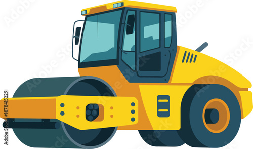 Yellow Steamroller Compactor Machine Vector Illustration for Road Construction and Paving