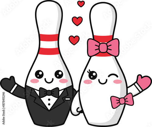 Kawaii bowling pin couple in wedding attire, cute bride and groom characters with hearts, romantic sports vector illustration, white background