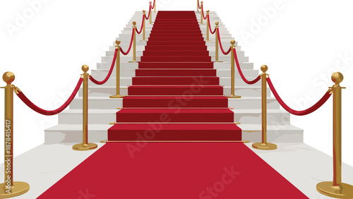 Red carpet on white marble stairs with golden stanchions, elegant entrance for celebrity awards, luxury event gala staircase on white background.