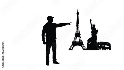Silhouette of a man pointing towards famous international landmarks like the Eiffel Tower and the Statue of Liberty, suggesting travel.