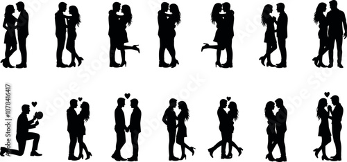 Romantic couple silhouettes collection showing love, kissing, hugging, proposal moments, affectionate poses of men and women isolated on white background illustration