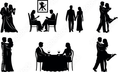 Romantic couple silhouettes set showing love dancing dating dinner conversation walking together elegant relationship vector illustration collection