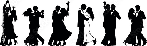 Romantic dancing couple silhouettes collection showing ballroom tango love passion elegant movement wedding celebration vector illustration set