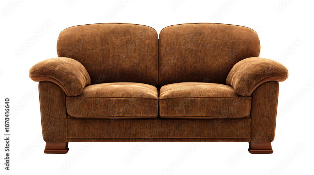 Fototapeta premium Brown fabric loveseat sofa with wooden legs