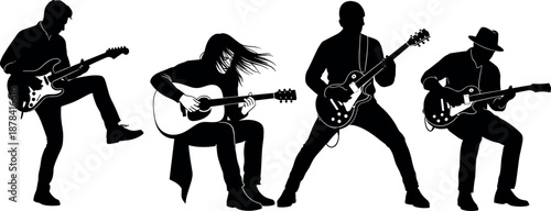 Silhouette of four guitarists performing live music with energy and style – flavector illustration
