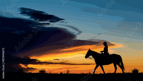 Silhouette of horse rider at dramatic sunset landscape, lone cowboy on horseback against colorful sky, peaceful countryside scene illustration isolated background