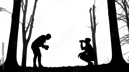 Silhouette of two hikers resting and drinking water in forest landscape isolated on white background, outdoor adventure survival concept illustration