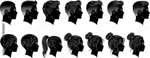 Silhouette profile icons of diverse hairstyles, male and female head styles, black vector set – flavector