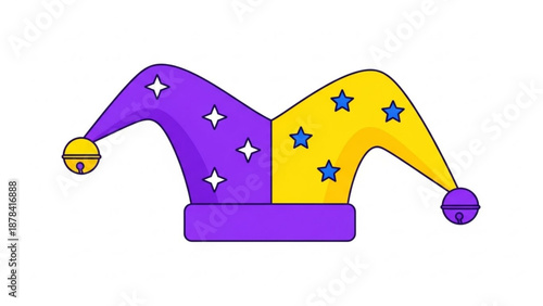 Purple and Yellow Jester Hat with Stars Isolated on White Background