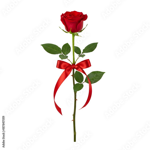 Single Red Rose with Green Leaves and Ribbon