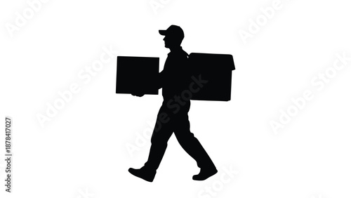 Silhouette of a delivery man wearing a cap carrying two large rectangular packages while walking on a bright white background