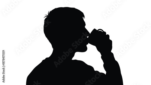 Silhouette profile of a man drinking from a small cup or mug against a bright white background suggesting a moment of pause