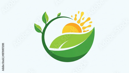 Green Leaf Eco Logo with Rising Sun Symbolizing Sustainability