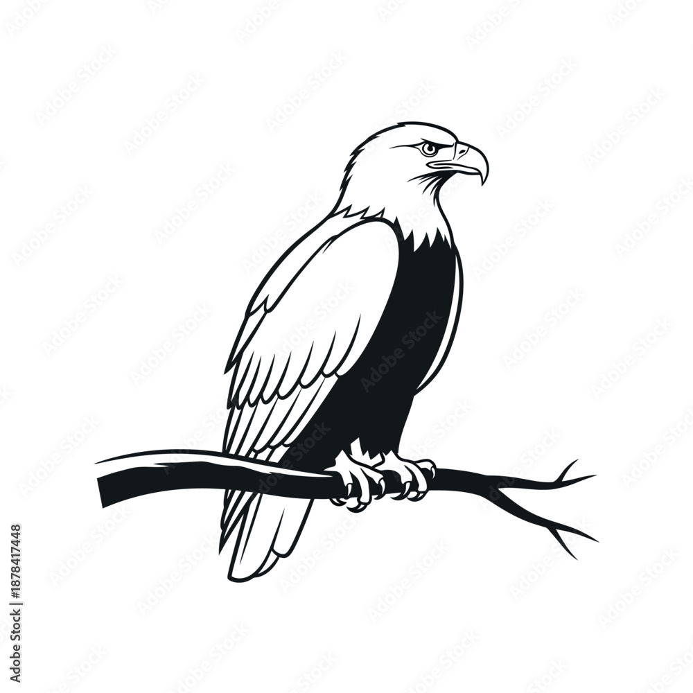 Fototapeta premium Majestic Eagle Sitting on Tree Branch Black Silhouette Illustration