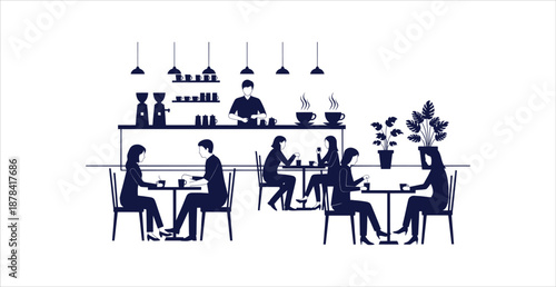Modern Coffee Shop Interior Silhouette People Drinking Cafe Barista Counter Vector Illustration