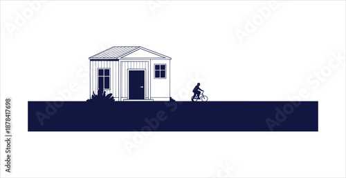 Minimalist Cabin House Vector Illustration Biker Riding Silhouette Simple Graphic Design