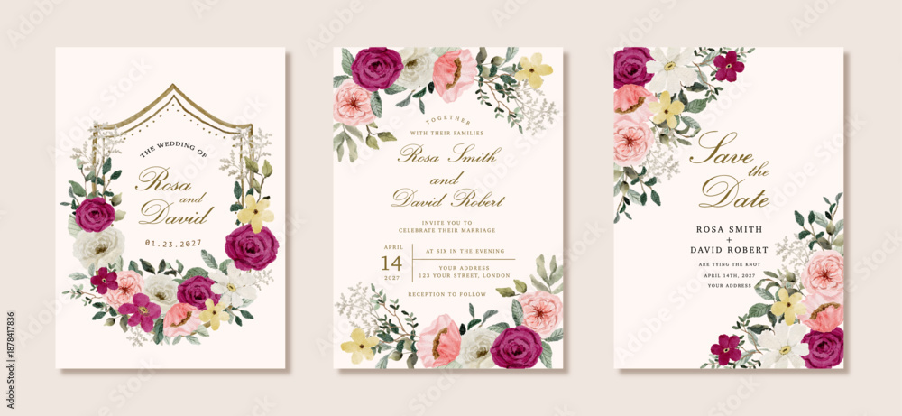 Obraz premium wedding invitation set with pink white floral watercolor frame