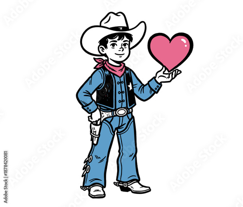 Young cowboy kid holding heart vector artwork. Retro western mascot. Wild west cartoon character design. Suitable for t shirt print, poster, sticker,