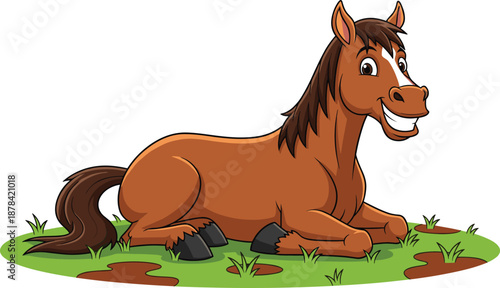 Cheerful brown cartoon horse character smiling and sitting on green grass, farm animal vector illustration isolated on white background, equestrian mascot,