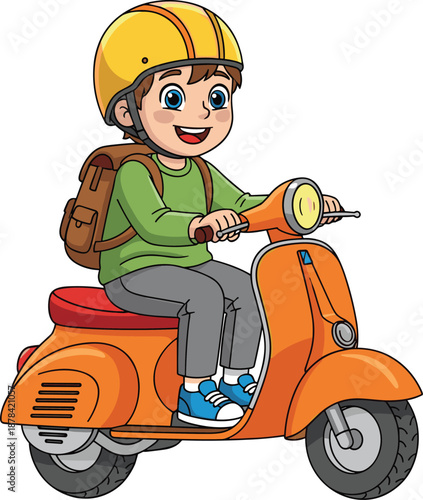 Cheerful cartoon boy riding an orange motor scooter wearing a yellow safety helmet and brown backpack, kid traveler vector illustration, isolated,