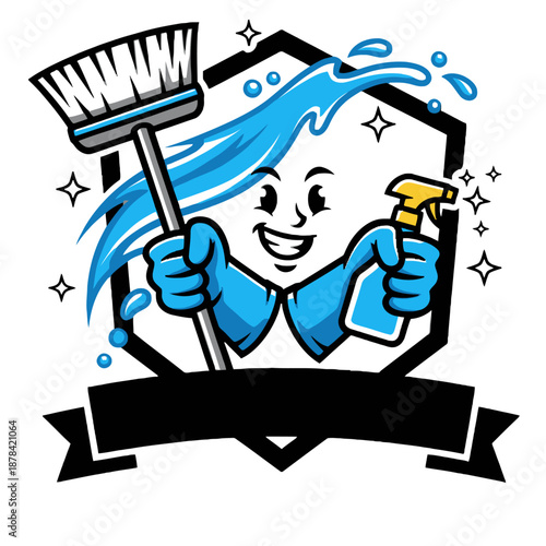 Cleaning service logo template featuring a friendly mascot character holding a broom and spray bottle with fresh water splashes in a shield frame with a blank ribbon for janitorial and housekeeping br