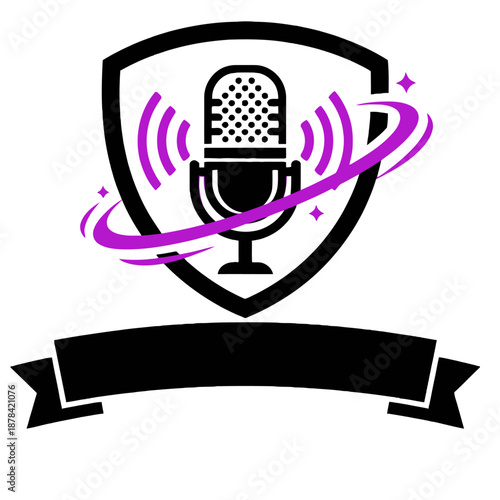 Podcast logo template featuring a professional studio microphone with sound waves and a purple planet ring orbit in a shield frame with blank ribbon for digital audio broadcasting and content creator 