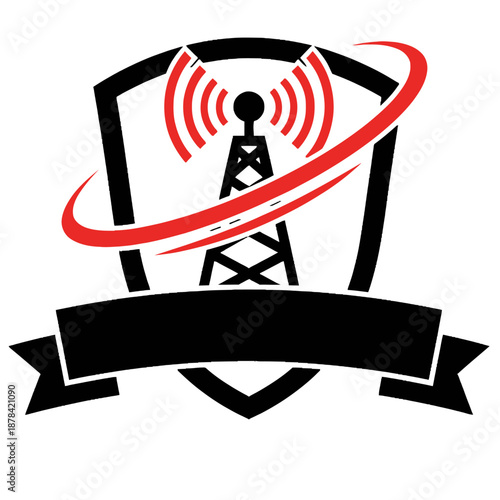 Radio tower logo template with transmission waves and red orbit in a shield frame with blank ribbon for broadcasting telecommunications podcast and station branding