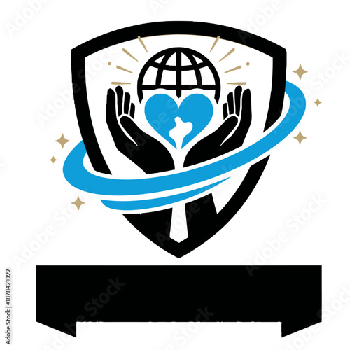Charity logo template featuring supportive hands holding a heart and globe in a protective shield frame with blue orbit and blank ribbon for non-profit humanitarian aid and community service branding