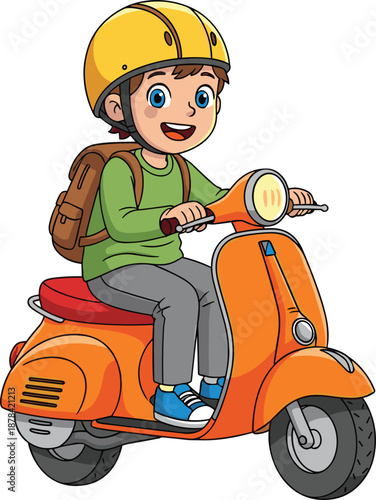 Cheerful cartoon boy riding an orange scooter wearing a yellow helmet and backpack, kid traveler vector illustration isolated on white background,