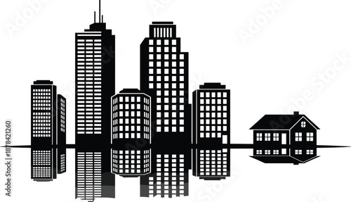 City skyline silhouette with modern skyscrapers and a small residential house, urban landscape vector illustration, metropolitan background with property reflection, real estate.