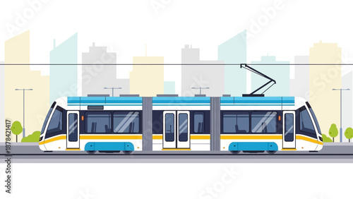 Modern tramway vehicle traveling through urban cityscape with sleek design and vibrant colors