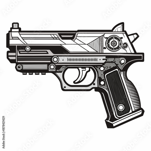 A futuristic black and white illustration of a scifi handgun with detailed design